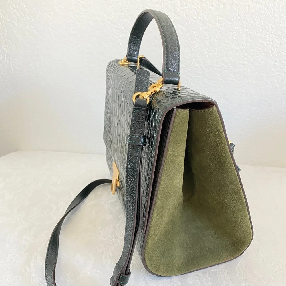 Tory Burch deep green croc 2 way bag